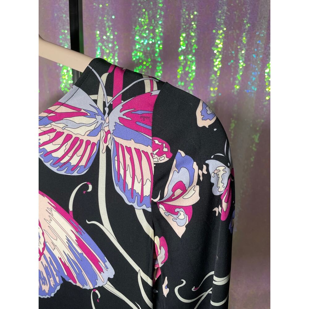 Emilio Pucci Butterfly Print Sheath Dress US 8 Black Pink Y2K Ruched Silk Blend - Picture 3 of 10